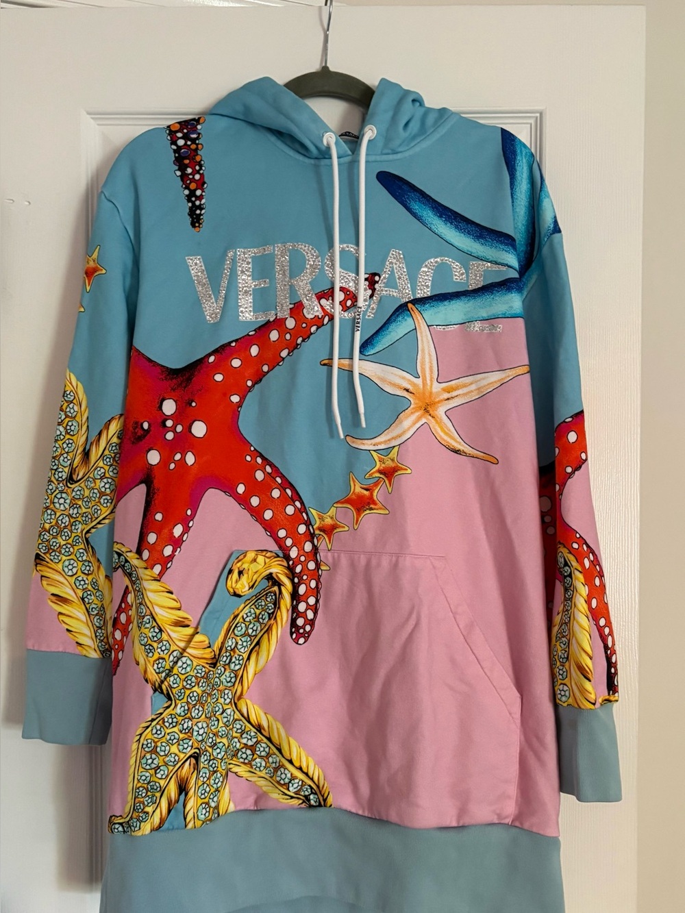 Versace Sea Life  Hoodie Rhinestone Logo Letters Blue Pink Size IT 48 U 14